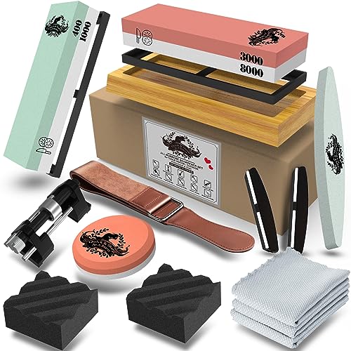 Piedra Afilar Profesional- Piedras de Afilar Cuchillos 400/1000 3000/8000 Grano con Base Piedra Aplanadora Guía de ángulo (16 Piezas)