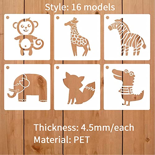 QRTGNA Pochoirs Peinture pour Enfants, 16 Pièces Pochoirs Réutilisables Lavables Peinture Animaux, Ensemble de Pochoirs de Peinture pour Artisanat, Planificateur, Cahier, Journal Intime, DIY(13x13cm) - Image 6