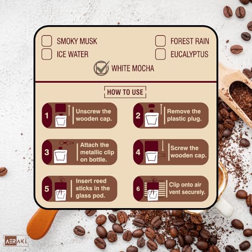 Image of White Mocha | Aeraki Car Clip-In luxury Perfume | Car Air Freshener | Natural Essential Fragrance Oils with Wooden Reed Sticks in Glass Bottle |Long Lasting upto 90 Drives | Vent Model