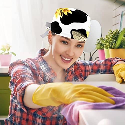 Image of 2 PCS Bouffant Cap with Button Ponytail Pouch Working Cap Sweatband Adjustable Surgical Cap Black and White Cow