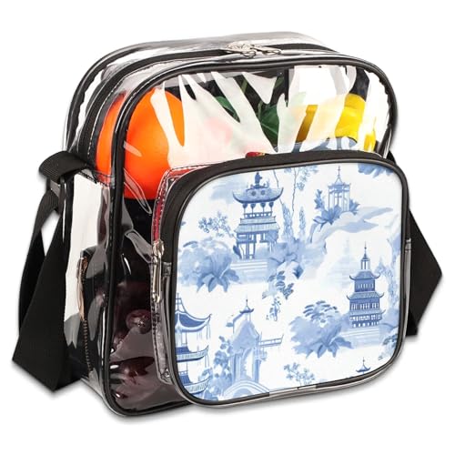 Clear Crossbody Bag Stadium Approved Ink Landscape Transparent Bag for Festivals, Sports Events, Concerts,Beach Bag for Women Men Clear Purse with Front Pocket Messenger Bag with Adjustable Strap