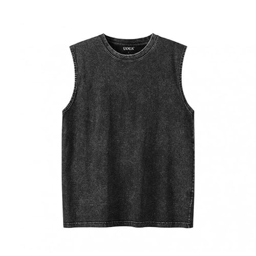 UOUA Men's Tank Tops Washed Sleeveless Tee Shirts Summer Vintage Cotton Streetwear (S-2XL) Black