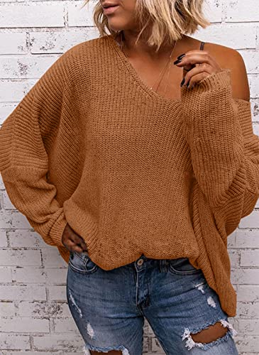Image of BZB Women's V Neck Long Sleeve Knit Loose Oversized Pullover Sweater Top