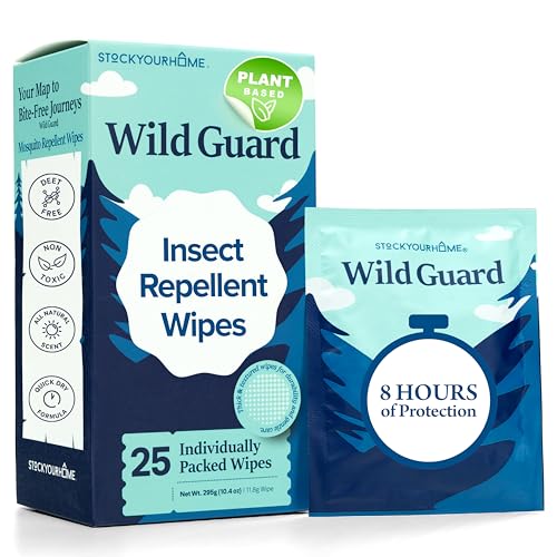 Wild Guard Mosquito Repellent Wipes (25 Pack) DEET Free Insect Repellent Individually Wrapped Bug Wipes for Kids and Family Travel Size for Camping Hiking and Beach 8 Hour Protection