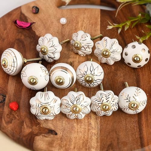 Image of Ceramic Vintage Assorted Colourful Pottery Drawer Handle Door Knobs and Pulls for Kitchen (White Gold knobs Pack of 6)