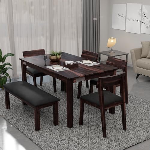 Image of DRIFTINGWOOD Liana 6-Seater Dining Table Set - Sheesham Wood Walnut Finish with Table, 4 Cushioned Chairs & Bench - Ideal for Kitchen & Living Room - Assembly Required