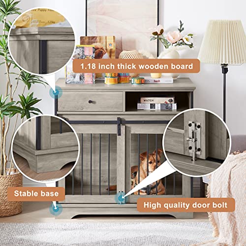 Tcenlon Dog Crate Furniture - 35" Dog Crate Table With Drawers, Dog Crate End Table For Large Dog, Medium Dog, Small Dog(Grey) #TOP2