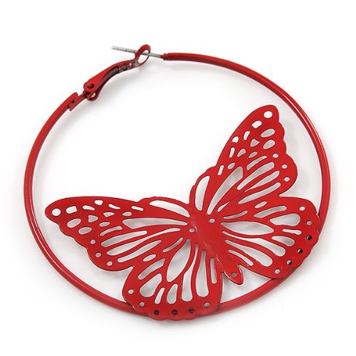 Red Filigree Butterfly Metal Hoop Earrings - 6cm Diameter4