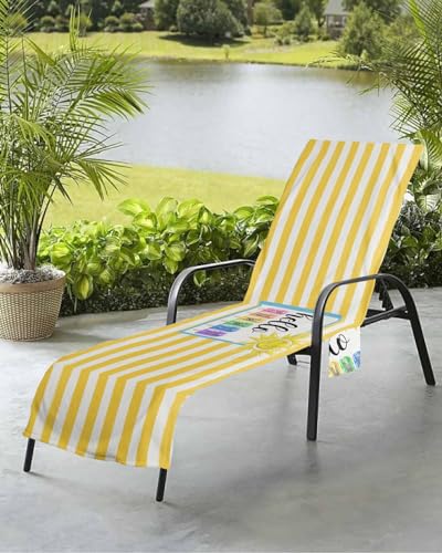Yellow Stripes Beach Chair Towel Covers for Chaise Lounge with Side Pocket, Soft Plush Pool Towels Cover for Patio Sunbathing Outdoor 29''x85'' Summer Funny Geometric Sun Ice Cream