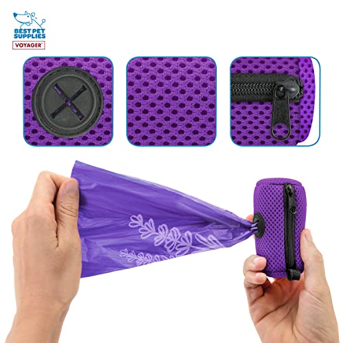 Image of Best Pet Supplies Dog Poop Bag Holder Leash Attachment with Reusable Dispenser for Travel, Walking, Park, and Outdoor Use, Durable with Clip-On - Purple, Mesh Dispenser w /15 Bags