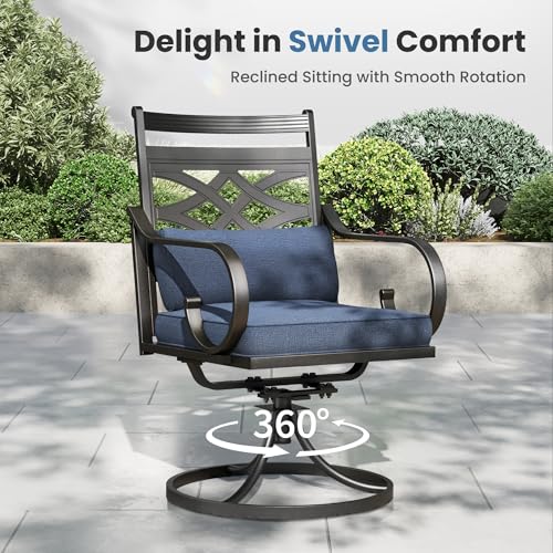 PHI VILLA Outdoor Swivel Chairs Set of 2, Patio Wrought Iron Dining Chairs with Blue Cushions and Pillows, All Weather Heavy-Duty Black Metal Steel Seating Furniture for Outside Deck, Porch, Backyard - Image 6