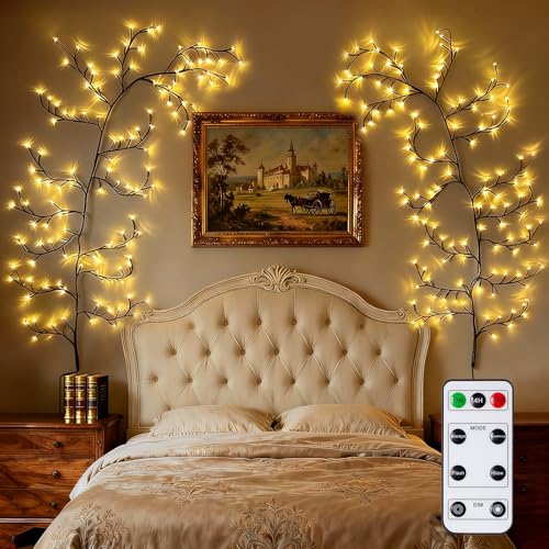 GOESWELL Willow Vine Wand Deko Wohnzimmer: 144 LEDs Indoor Tree Vine Dekorative Lichter mit Fernbedienung On/Off Dimmer Geeignet für Schlafzimmer...