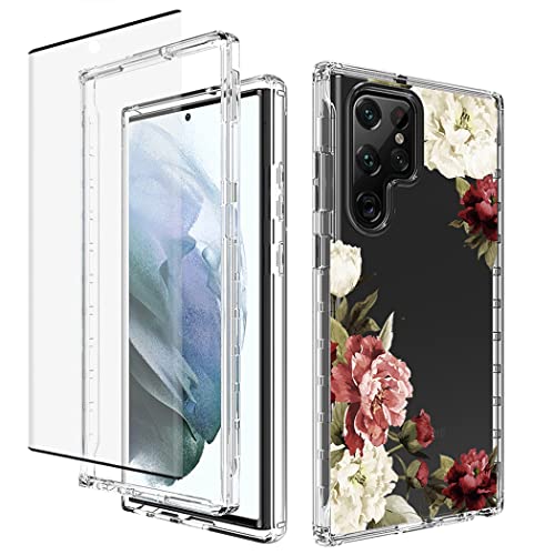Coque S22 Ultra protection écran verre trempé anti-rayure motif floral