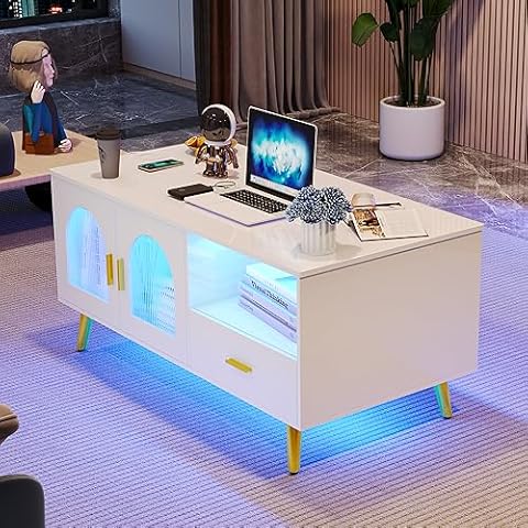 LVSOMT LED Coffee Table with Charging Station Cover