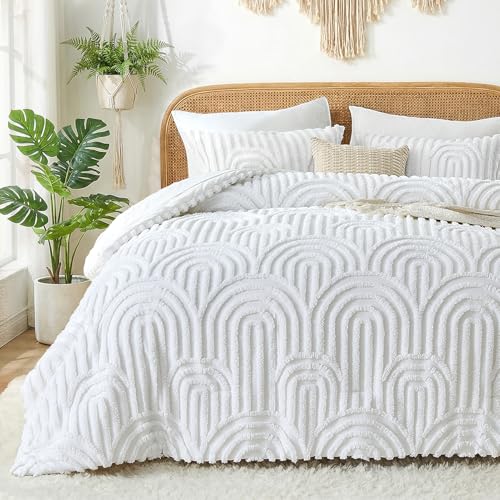 Image of Nesker Boho Tufted Full Comforter Set, 7 Pcs White Bedding Sets, Cozy Chic Soft Bed in a Bag, Arch Pattern Shabby Bed Set All Season with Comforter, Fitted Sheet, Flat Sheet & Pillowcases