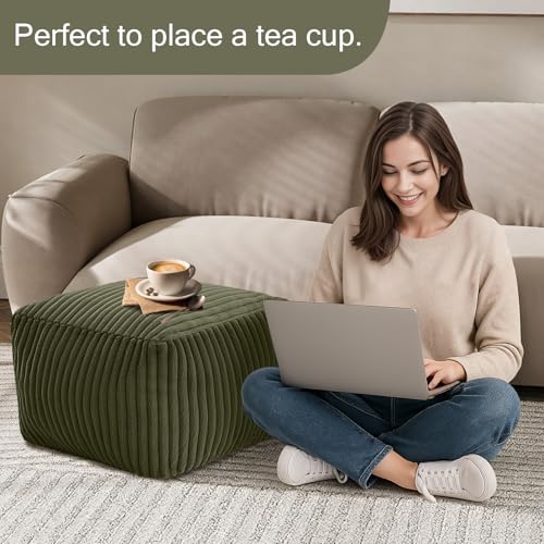 MeMoreCool Square Stuffed Pouf Ottoman Foot Rest, Stripe Furry Floor Pouf Foot Stool with Foam Chunk Filling, Soft Fluffy Stuffed Ottoman Footrest for Living Room, Faux Fur Green - Image 6