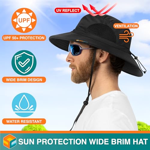 SUN CUBE Wide Brim Sun Hat Men Women, Mens Fishing Hats Sun UV Protection, Womens Hiking Bucket Hat, Outdoor Summer Safari Beach Boonie, Camping Unisex UPF 50+, Black