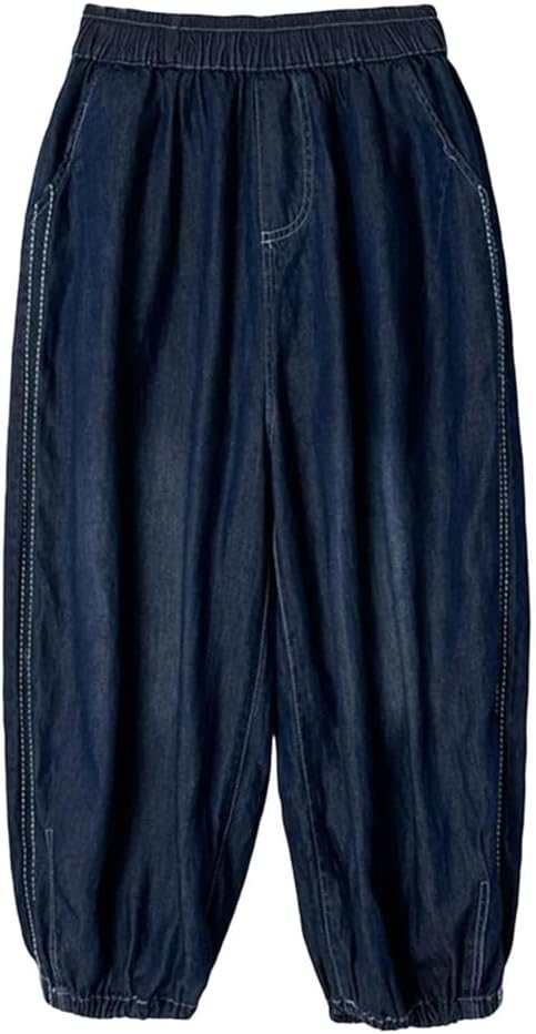 Retro Cotton Denim Pants Summer Elastic Waist Thin Slimming Tapered Pants Stripe Detail Cropped Harem Pants