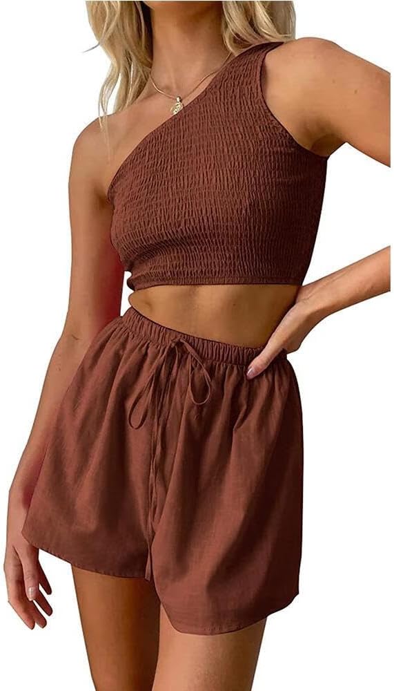 FMCHICO Women's 2 Piece Outfit One Shoulder Crop Top with Drawtring Shorts Set