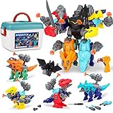 🦄 Divertidos juguetes de dinosaurios: proporcionamos 5PCS de juguetes de dinosaurios, cada uno con un tipo diferente de dinosaurio, lo que permite a los niños conocer la estructura corporal de los dinosaurios y aprender a reconocerlos durante el proceso de montaje. Además, nuestros dinosaurios se pueden ensamblar 5 en 1, 5 dinosaurios diferentes se pueden ensamblar para formar un magnífico robot, que será una sorpresa y un divertido juguete de dinosaurio para los niños.
