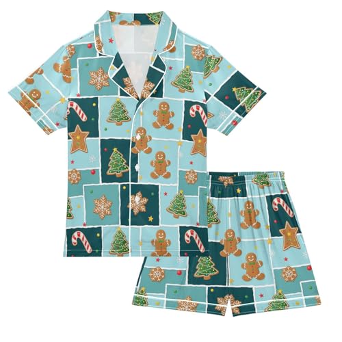 Satin Pajama Sets Short Sleeve Winter Gingerbread Themed Christmas Button Down Silky Nightwear 2 Piece PJS 5-14Y