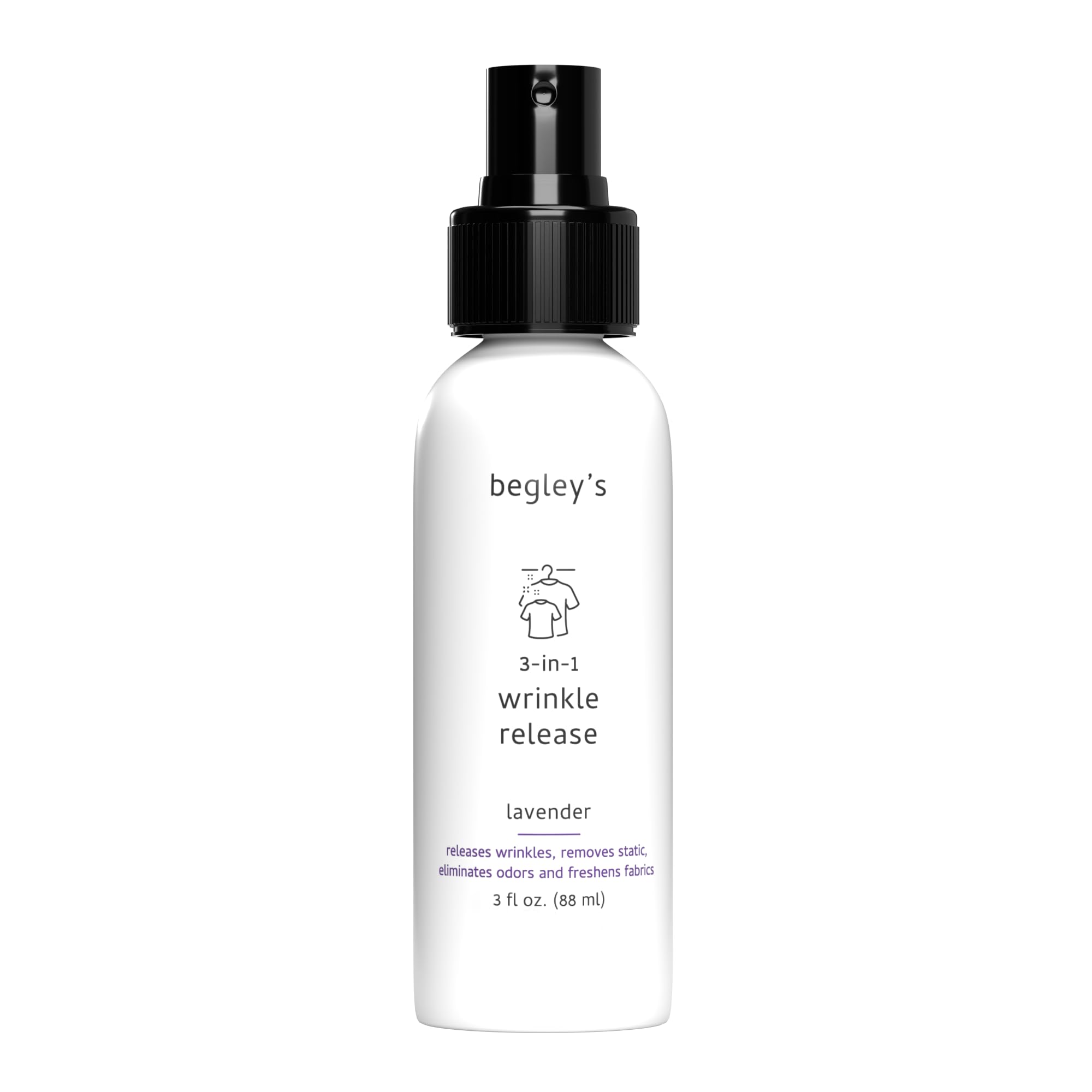 Begley's 3-in-1 Wrinkle Remover, Quick Fix Wrinkle Release, Static Cling Remover, Odor Eliminator and Fabric Refresher Spray - USDA Certified Biobased