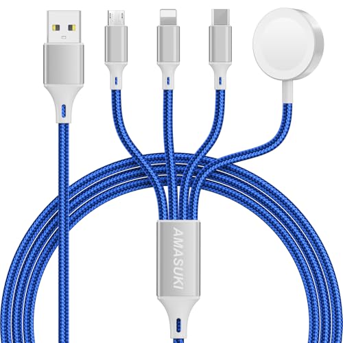 Image of Amasuki Travel Essentials,4 in 1 for Apple Watch Charger /iPhone Charger /Multi Charging Cable,Vacation RV Camping Essentials,USB C /L /Micro Portable Charger for iWatch 11-1 /iPhone 17-12,Car&Gift-Blue