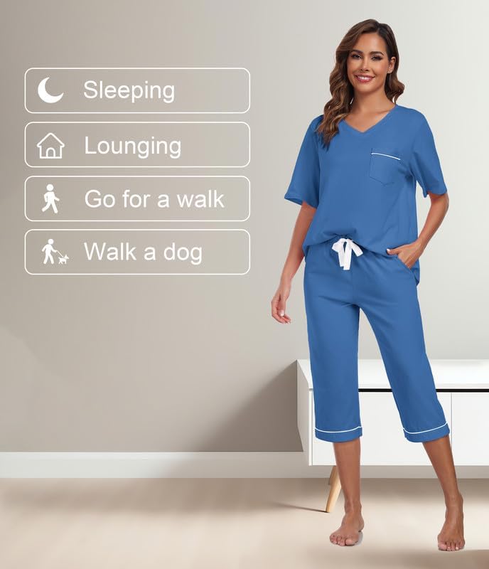 CF Women Pajama Sets 100% Cotton 2 Piece Lounge Sets Short Sleeve Shirt and Capri Pants with Pockets Ladies Pjs Sets - Image 6