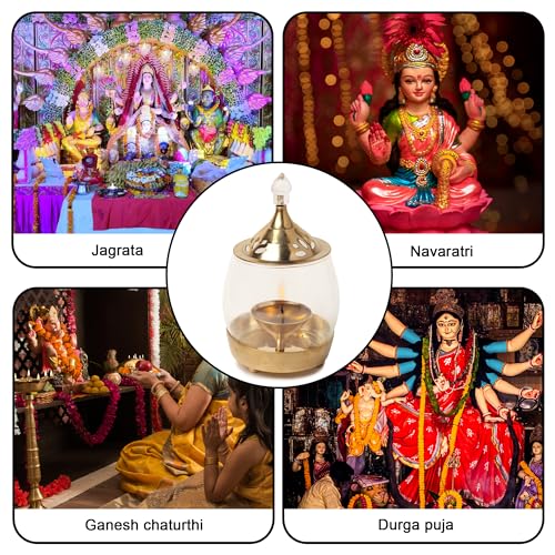 Image of Brass Akhand Diya with Borosilicate Glass Cover and Oil Lamp for Home, Office, Puja, Mandir, Decorative Lantern Diya with Shade Cover for Prayer