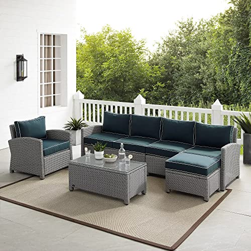 Image of DEVOKO Patio Furniture Set, Outdoor Sectional Sofa HDPE Wicker Conversation Set Outside Couch with Center Table & Ottoman for Porch, Lawn, Garden, Backyard (Grey and Navy Blue)