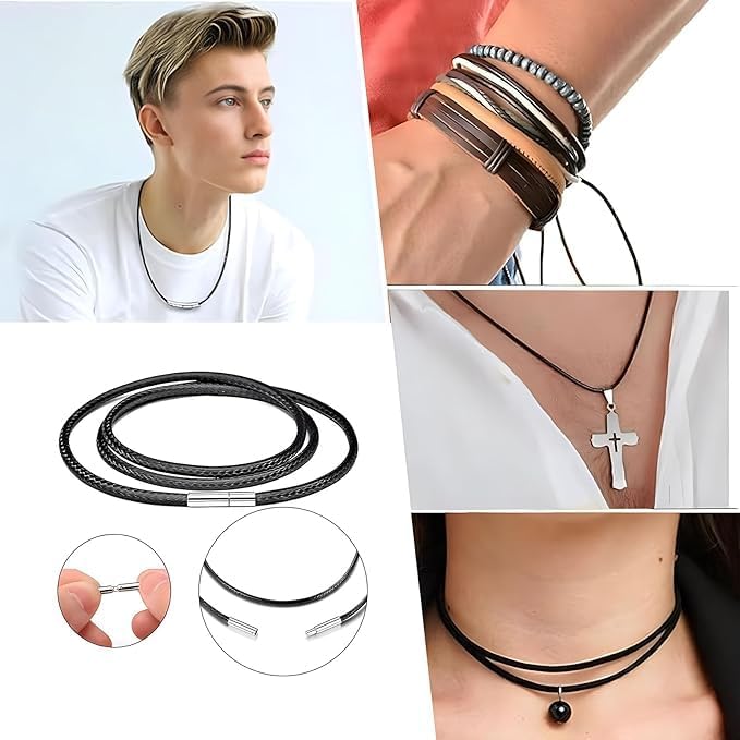 CYXZMYA Lederband Halskette 3mm, 51cm, Schwarz, Unisex, Kautschuk mit Edelstahl Verschluss, Geflochten, für Männer, Frauen, Jungen, Mädchen