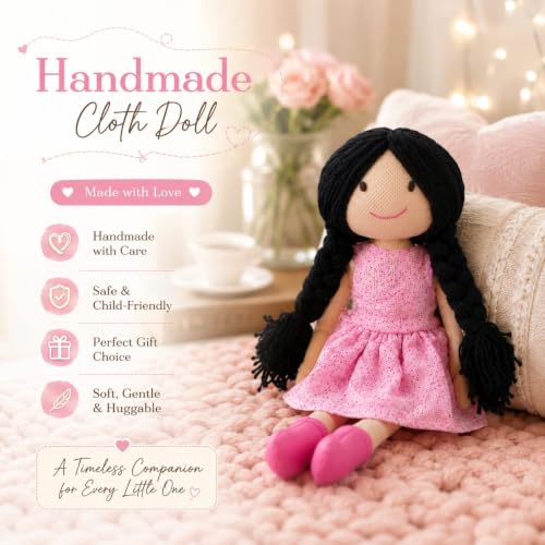 Image of Handcrafted Indian Rag Doll Set, Stitch Soft Toy Doll for Kids, Soft Cotton Fabric Yarn Cloth Doll, Traditional South Indian Soft Toys for Kids Room Decor (Pink, Dot and Net)