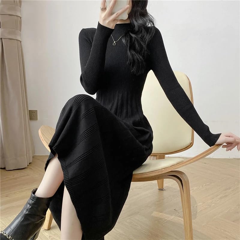 Dninmim Robe pull mi-longue à col roulé pour femme - Automne et hiver - Polyvalente - Coupe ajustée - Robe décontractée