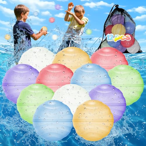 Globos de Agua Reutilizables,12 Piezas Bolas de Agua Magneticas,Globos de Agua Llenado Rapido, Juguete de Agua para Niños y Adultos Sello Autosellante,para Playa Piscina Exteriores