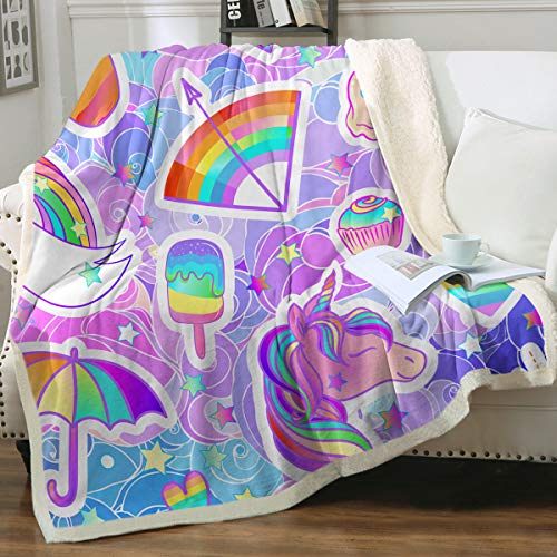 Sleepwish Unicorn Blanket for Kids Teens Girls Umbrella Ice Cream Rainbow Fleece Blanket Plush Sherpa Throw Blanket for Couch Sofa Baby(30