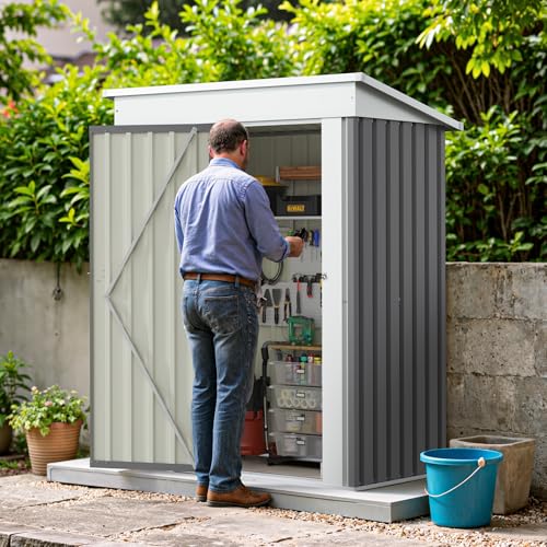 Image of Greesum 5x3 FT Outdoor Storage Shed, Metal Storaged Sheds Without Floor, Tool Sheds with Lockable Doors and Slooping Roof for Garden, Patio, Backyard, Gray