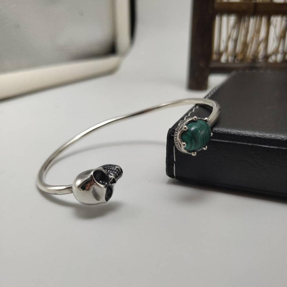 Brazalete S925 Plata Esterlina Retro Pulsera Ajustable Hombre Cráneo Malaquita Pulsera Mujer Mano Joyería Moda Personas Simple Cien con