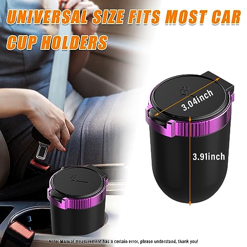 Image of Kewucn Car Ashtray with Lid, Portable & Detachable Smokeless Ashtray, Mini Vehicle Stainless Steel Trash Can with LED Blue Light, Universal Accessories Fits Most Auto Cup Holder (Purple)