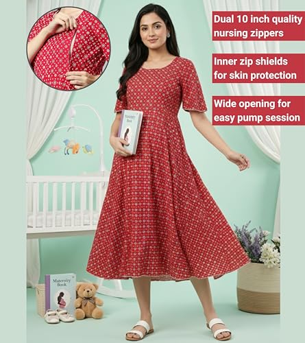 Image of DUMMY SHAPE Maternity Dresses for Women Cotton | Floral Anarkali Flare Kurta with Dual Nursing Zippers | Pre & Post Pregnancy | Feeding Kurtis | Baby Shower | Mom to Be Gifts for Pregnant Women