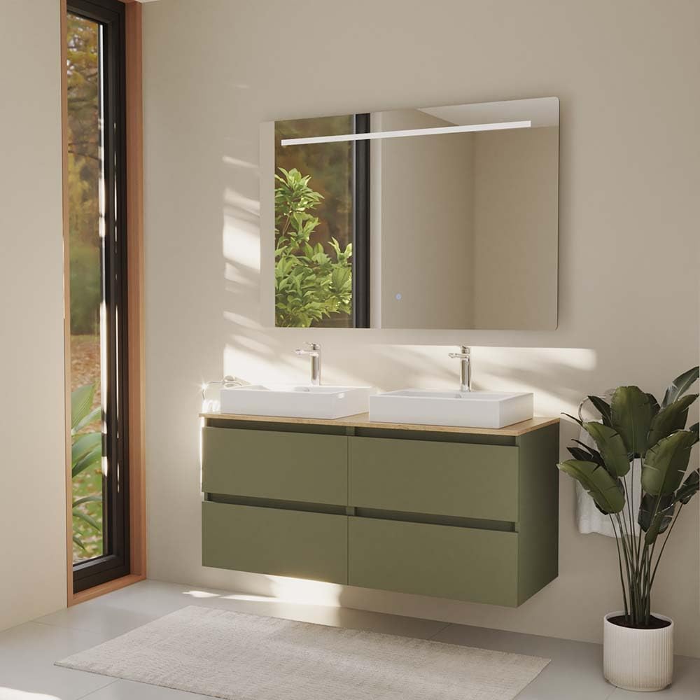 Baikal Mueble de Baño Nilo. Mueble MONTADO. 120cm Musgo 4 Cajones Suspendido con Doble Lavabo sobre Encimera de 46cm