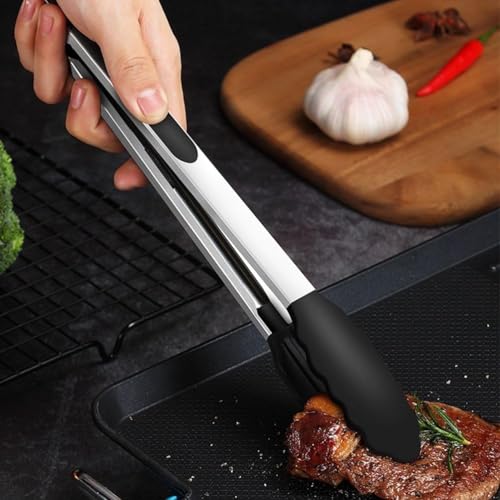 Image of Stainless Steel & Silicone Tongs for Kitchen, Airfryer, Barbeque and Serving- 12 Inch I 230C Heat Resistant, BPA Free, Heavy Duty Non-Stick Clamp Clip, Silicone Tip for Pans (BLACK)