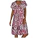 Produktbild KIMODO Sommerkleid Leinen Kleider Damenmode Retro V-Ausschnitt Strandkleider Blumendruck Loose A-Linie Boho Kurzarm Knie Midi Kleid (Rot, L)