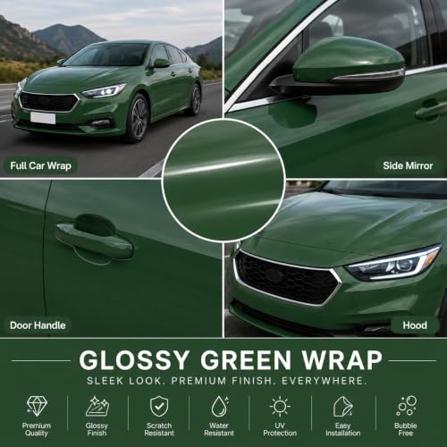 Image of WISDOM Olive Green Glossy Vehicle Wrap Vinyl High Gloss Finish Easy Apply Air-Release Weatherproof DIY Car & Motorcycle Wrap (Olive Green Glossy, 20 Inch X 12 Feet)