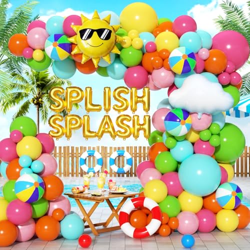 JUNXIAUP Pool Summer Beach Balloon Garland Arch Kit 180Pcs Tropical Hawaiian Luau Splish Splash Balloon with Beach Ball for Aloha Hawaiian Luau Birthday Outdoor Pool Beach Party Coconut Party Decor