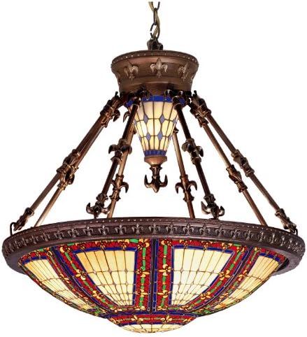 Meyda Custom Lighting 98983 Fleur-De-Lis Collection 6-Light Pendant, Mahogany Bronze Finish with Yellow, Blue and Red Stained Art Glass