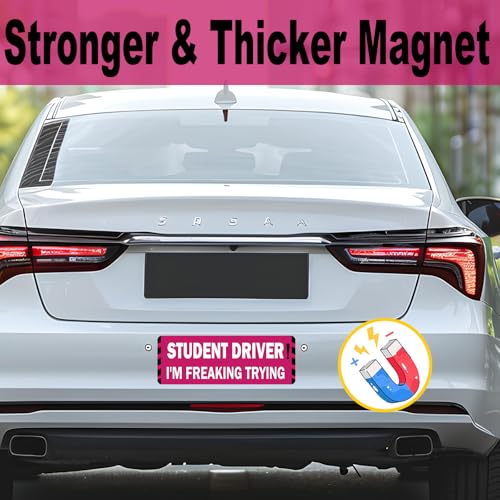 Image of Pink Student Driver Magnet for Car, Cute New Driver Magnetic Vehicle Sign, Reflective Safety Warning Sticker Magnet Sign for Girl, 10 inch x 4 inch (Pink- 2 Pack)