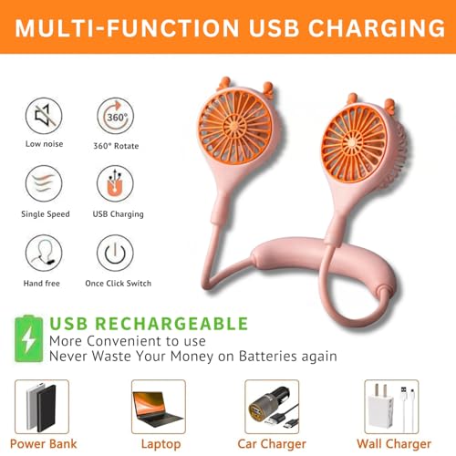 Image of One94Store Rechargeable Neck Fan (Pink) | 1200mAh Battery, USB Powered Hands-Free Hanging Fan | Single Speed Dual Fan | Portable Personal Cooling Fan for Travel, Office & Outdoor Use