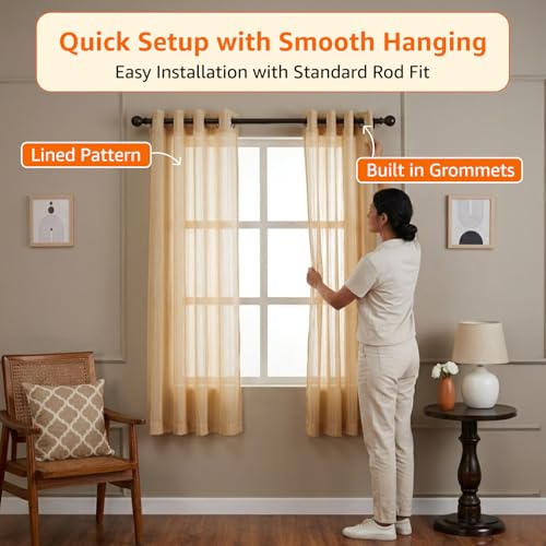 Image of Amazon Basics - Stripe Textured Sheer Door Curtains | Light Filtering | 5 Feet | Set of 2 | Striped Design | for Living Room, Bedroom & Balcony | 115 cm x 150 cm, Color - Cream