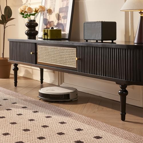 Creative High-Legged TV Cabinet Stand with Sliding Doors - Solid Wood Rattan Storage for Living Room - Stylish Entertainment Center & Television Unit - Image 7
