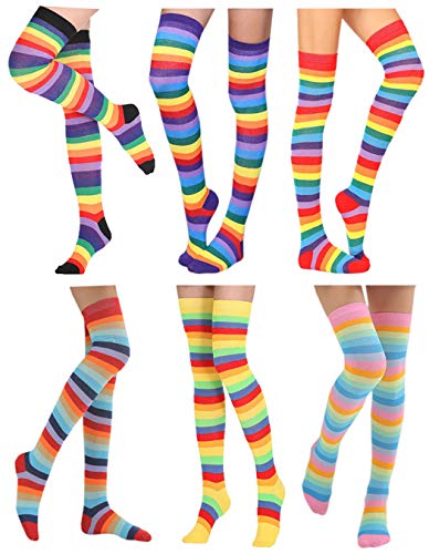 Halloween Rainbow Striped Knee High Socks Long Leg Stockings Fingerless Gloves Arm Warmer Set (6 Pair Socks)